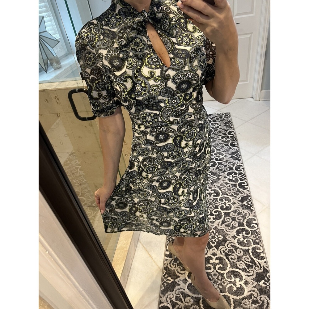 ModCloth Women Blue Paisley Sheath Dress Neck Tie Pinup 50s Retro Small